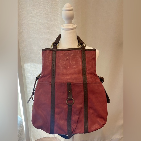 Lucky brand brown/burgundy shoulder satchel bag with stripped colored lining - Picture 3 of 12
